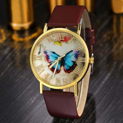 Roman Butterfly Leather Watch for Women gold shell case