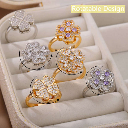 Rotatable Flower Ring Rhinestone Anti Anxiety Jewelry featuring a collection of floral designs in various metals.