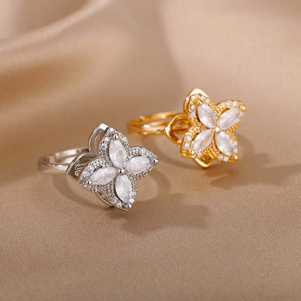 Rotatable Flower Ring Rhinestone Anti Anxiety Jewelry featuring silver and gold flower designs.