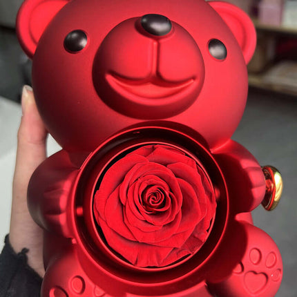 Rotating Bear Gift Box with red rose inside, perfect for romantic jewelry presentations.