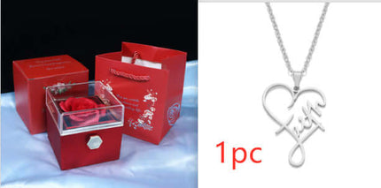 Rotating Rose Jewelry Box with Eternal Soap Flower and a silver heart necklace gift set, perfect for special occasions.
