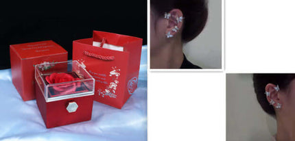 Rotating Rose Jewelry Box with Eternal Soap Flower in a romantic red gift box and ear jewelry accents.