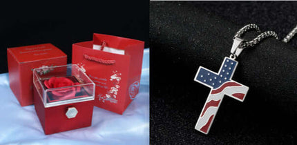 Rotating Rose Jewelry Box with Eternal Soap Flower alongside a patriotic cross necklace