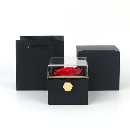 Rotating Rose Jewelry Box full packaging set with tote bag and box.