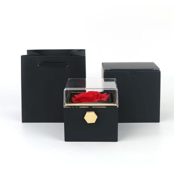 Rotating Rose Jewelry Box full packaging set with tote bag and box.