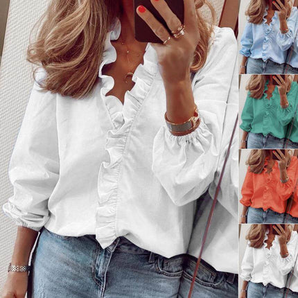 Ruffle Long Sleeve Blouse solid color front view.