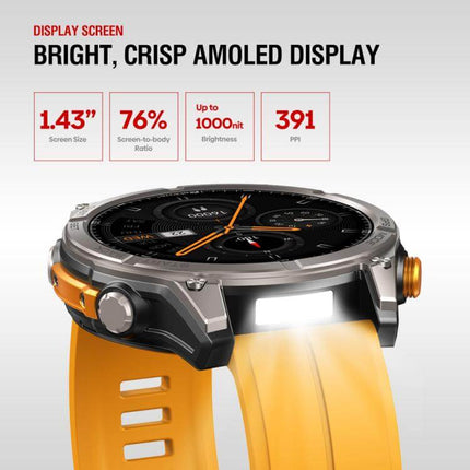 Rugged Outdoor GPS Smart Watch 1.43 inch Screen bright crisp AMOLED display showcasing features like screen size and brightness.