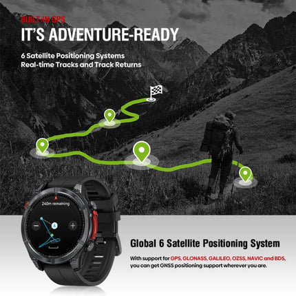 Rugged Outdoor GPS Smart Watch 1.43 inch Screen showcasing adventure-ready features with 6 satellite positioning systems.