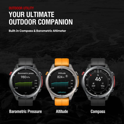 Rugged Outdoor GPS Smart Watch 1.43 inch Screen showing Barometric Pressure, Altitude, and Compass features.
