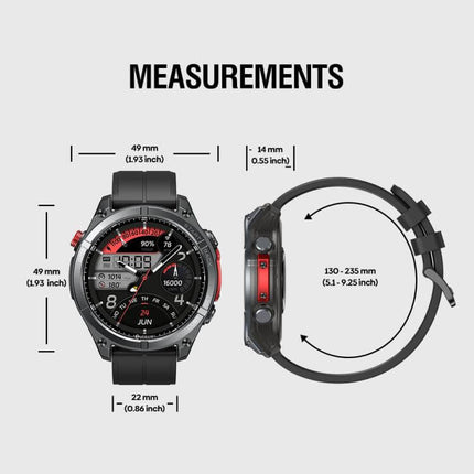 Rugged Outdoor GPS Smart Watch 1.43 inch Screen measurements including dimensions and strap size.
