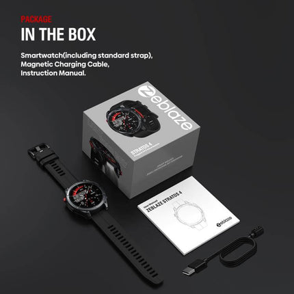 Rugged Outdoor GPS Smart Watch 1.43 inch Screen in the box including strap, charging cable, and instruction manual.