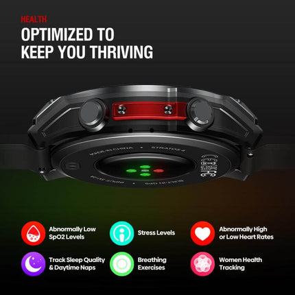 Rugged Outdoor GPS Smart Watch 1.43 inch Screen showcasing health monitoring features and sensors.