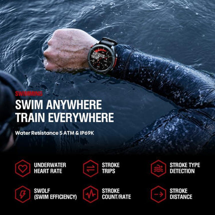 Rugged Outdoor GPS Smart Watch 1.43 inch Screen with swimming features and water resistance, ideal for training anywhere.