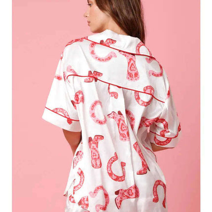 Satin Printed Two-piece Suit Pajamas For Women Set pink love design.