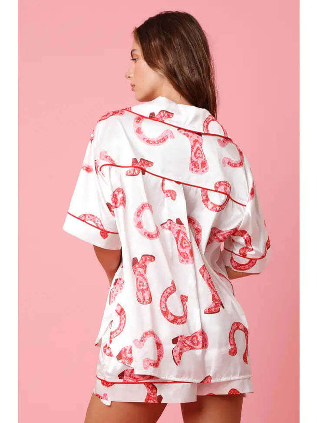 Satin Printed Two-piece Suit Pajamas For Women Set pink love design.