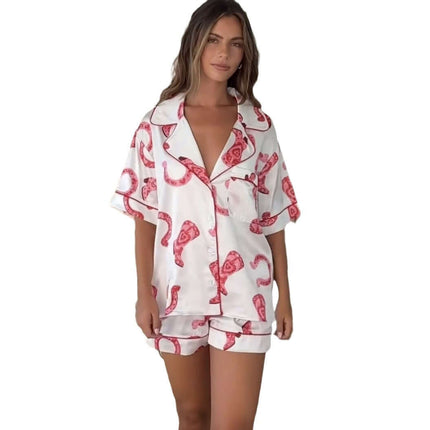 Satin Printed Two-piece Suit Pajamas For Women Set deep pink diamond fragments.