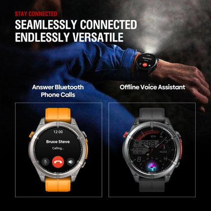 Rugged Outdoor GPS Smart Watch 1.43 inch Screen showcasing Bluetooth calls and offline voice assistant features.