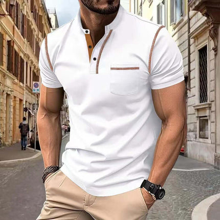 Short Sleeve Polo Shirt Henry T-shirts in stylish white color, worn by a man in a city street setting.