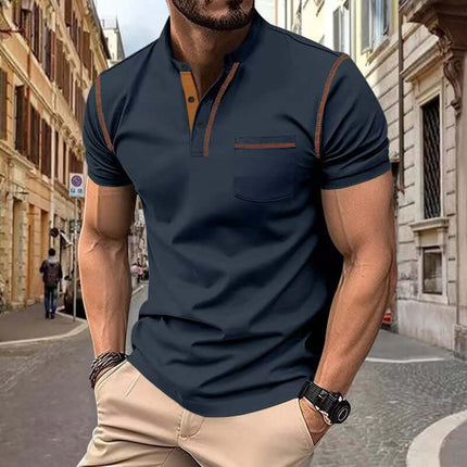 Short Sleeve Polo Shirt Henry T-shirts modeled by a man in a stylish urban setting.