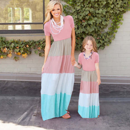 Short Sleeve Striped Parent-Child Dress polyester blend fabric.