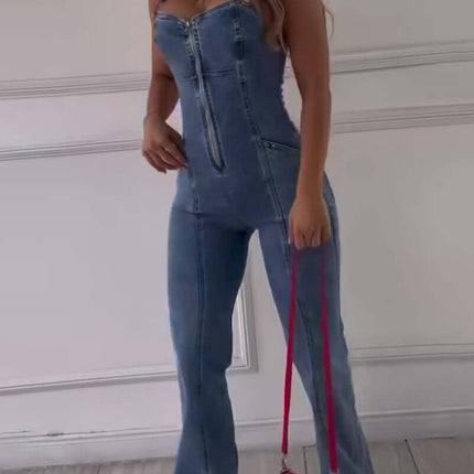 Sleeveless Paneled Zipper Denim Jumpsuit featured with a stylish pink handbag and casual sneakers.