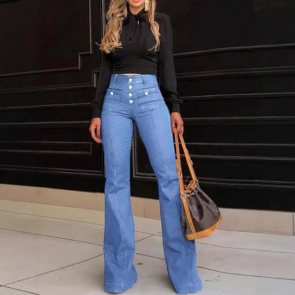 Slim Fit Patchwork Stretch Flared Jeans side profile illustrating the contouring body slimming performance lines