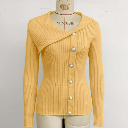 alt="Elegant Pearl Asymmetrical V-Neck Slim Sweater for Women back view"