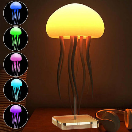 Smart LED Jellyfish Mood Lamp and Night Light with colorful lighting options on a decorative base.