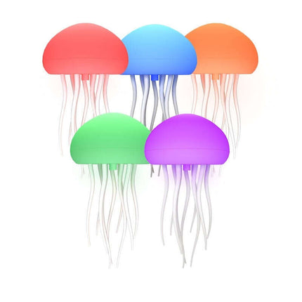 Smart LED Jellyfish Mood Lamp and Night Light in five vibrant colors: red, blue, orange, green, and purple.