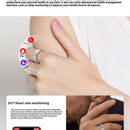 Smart Ring Men Women Heart Rate Blood Oxygen Monitor IP68 waterproof rating.