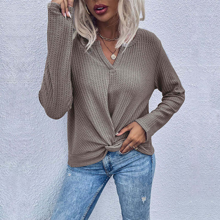 Soft Waffle Knit Solid Color Long Sleeve Bottoming Sweater back