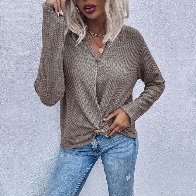 Soft Waffle Knit Solid Color Long Sleeve Bottoming Sweater back