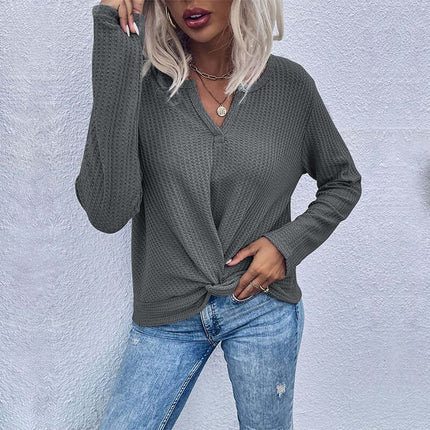 Soft Waffle Knit Solid Color Long Sleeve Bottoming Sweater sleeve view