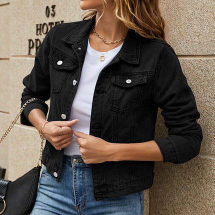 Solid Color Slim Lapel Denim Jacket for Women styled with a white top and blue jeans, perfect for casual outings.