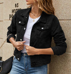 Solid Color Slim Lapel Denim Jacket for Women styled with a white top and blue jeans, perfect for casual outings.