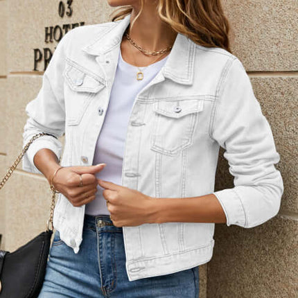 Solid Color Slim Lapel Denim Jacket for Women worn by model in urban setting.