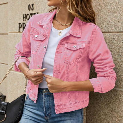 Solid Color Slim Lapel Denim Jacket for Women in pink worn by a stylish woman outdoors.