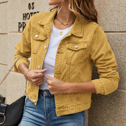 Solid Color Slim Lapel Denim Jacket for Women in mustard yellow, styled with a white t-shirt and paired with blue jeans.