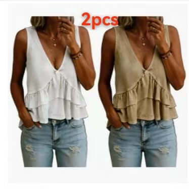 Solid Color V-Neck Ruffled Sleeveless Top close up on the high density 100 percent polyester fabric weave texture