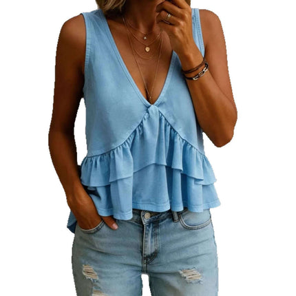 Solid Color V-Neck Ruffled Sleeveless Top full garment collection organized by size ranges from S up to 3XL