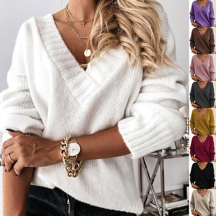 Solid V Neck Sweater loose fit fashion top.
