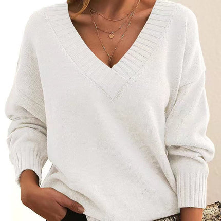 Solid V Neck Sweater autumn winter women clothing.