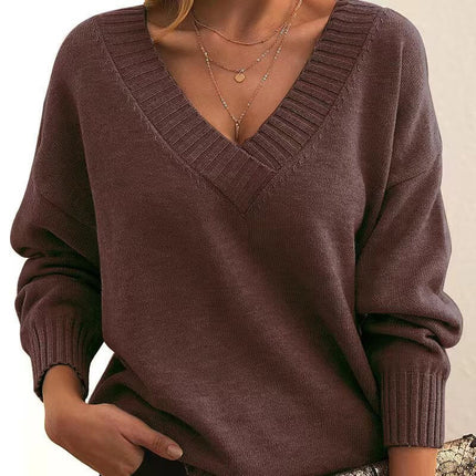Solid V Neck Sweater thick warm knitted pullover.