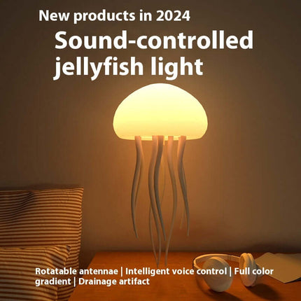 Smart LED Jellyfish Mood Lamp and Night Light in a cozy room, showcasing its sound-controlled features and soft glow.
