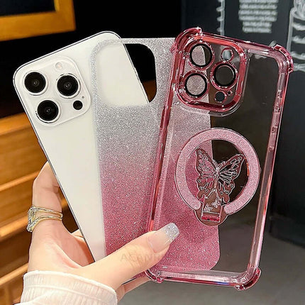 Magnetic Bowknot Stand Electroplated S25 Ultra Case showcased with glittery and butterfly designs on phone cases.