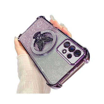 Magnetic Bowknot Stand Electroplated S25 Ultra Case featuring a butterfly design with glittery finish and purple accents.