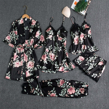 Spring Autumn Sling Five-Piece Women Pajama Set featuring floral designs in black and pink colors.
