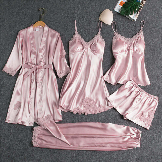 Spring Autumn Sling Five-Piece Women Pajama Set featuring satin pieces in soft pink color.