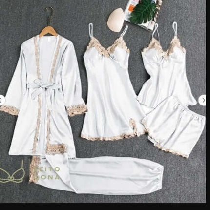 Spring Autumn Sling Five-Piece Women Pajama Set in elegant white with lace detailing, including robe and shorts.