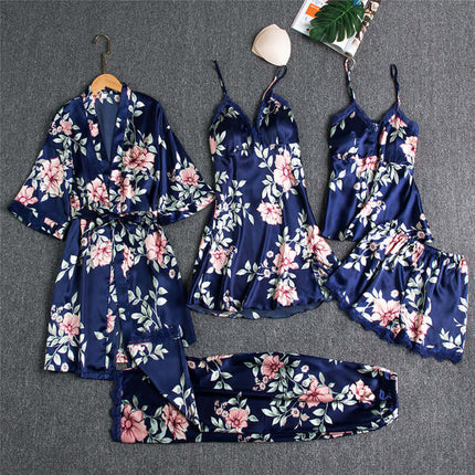 Spring Autumn Sling Five-Piece Women Pajama Set featuring floral designs in navy blue.